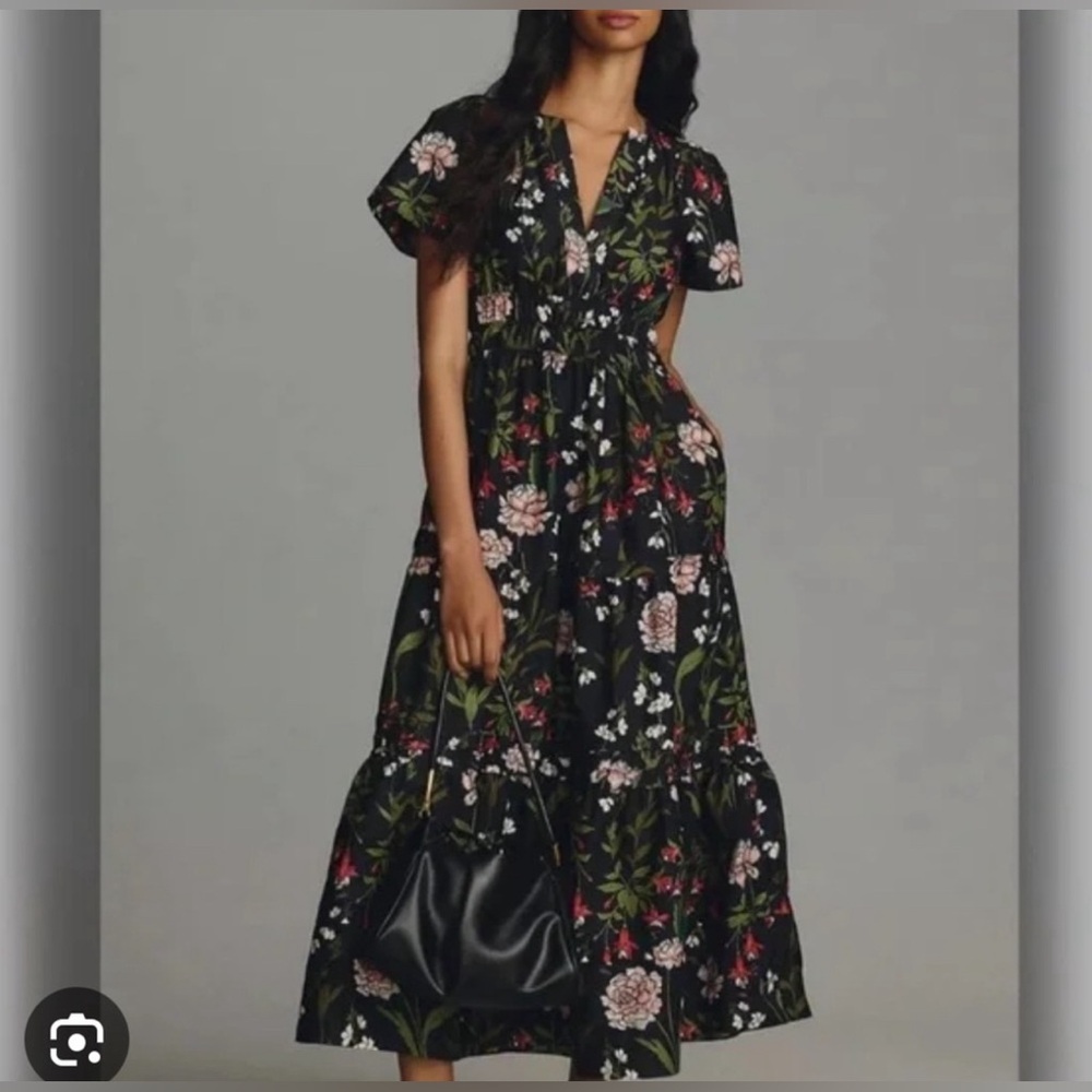 Anthropologie The Somerset Maxi Dress Tiered Smocked Waist Floral Black XXS